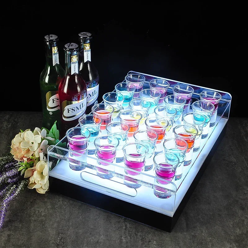 LED 7-Color Acrylic Shot Glass Holder Shatterproof Transparent KTV Cocktail Stand, Glowing Display Rack for Nightclub Party