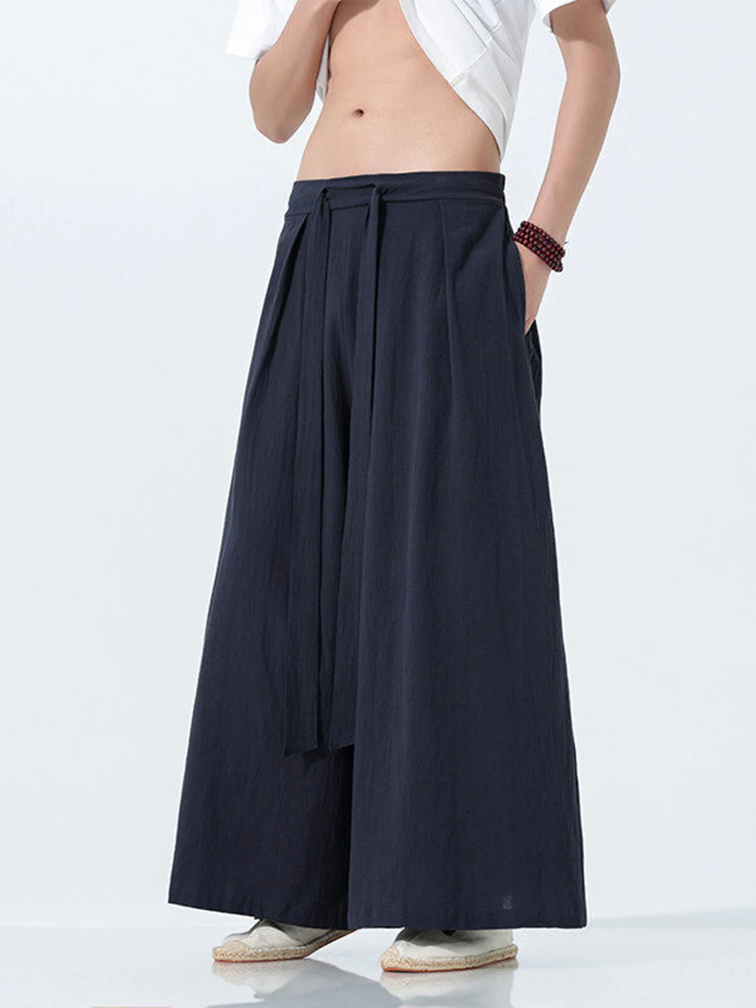 

New Chinese Sle Tang Suit Hanfu Pants Men Summer Thin Loose Linen Wide Leg Skirt Pants Straight Cotton Linen Men Pants