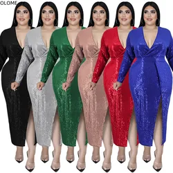 Woman Party Dress Big Size Cothing Autumn Sequins Long Sleeves V Neck Sexy Split Club Birthday Dress Christmas Gowns