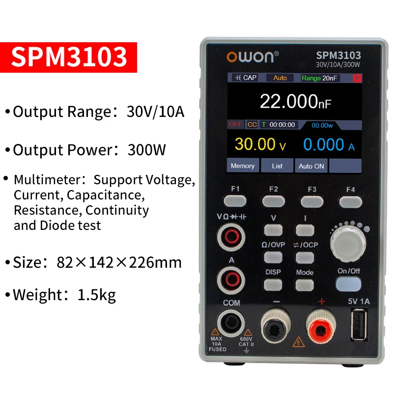 OWON SPM3103 Programmeerbare DC-voeding, draagbare laboratoriumvoeding met 4 1/2 digitale multimeter-spanningsregelaar