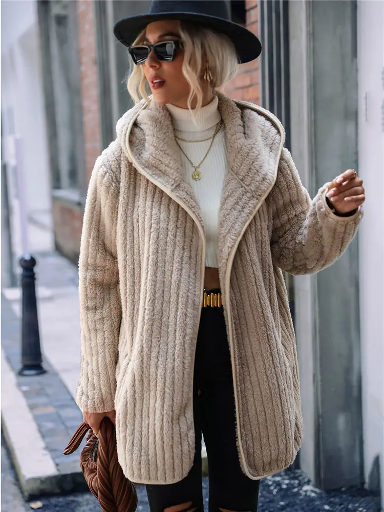 Women Winter Hooded Fleece Cardigan Corduroy Sweater Luxury Loose Fluffy Warm Mid Length Sherpa Coat