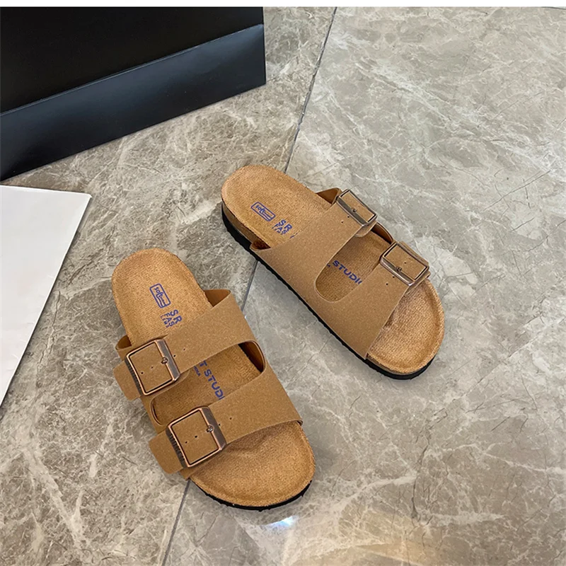 

2023 New Real Leather Women'S Slippers 2023 Summer Soft Cork Buckle Flip Flops Women Beach Casual Woman Shoes