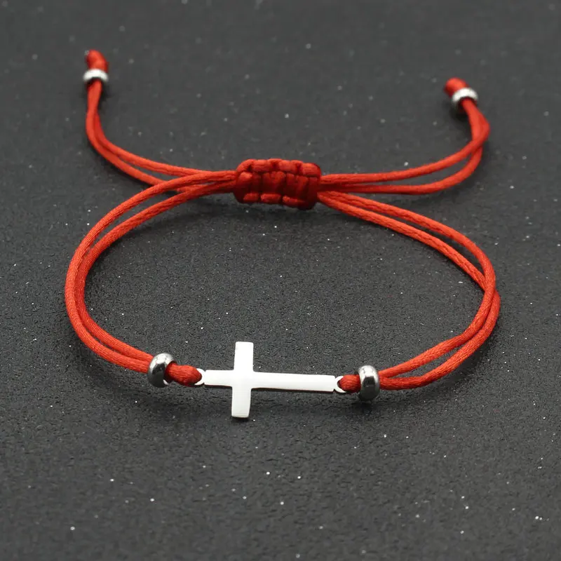 Stainless Steel Cross Charm Bracelet Simple Handmade Adjustable Red String Bracelets for Women Men Couple Lucky Jewelry Gift