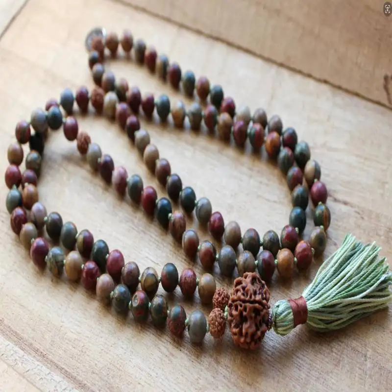 Natural Picasso Jasper 108 Beads Mala Necklace with Rudraksha Pendant & Green Tassel Spiritual Jewelry view 4