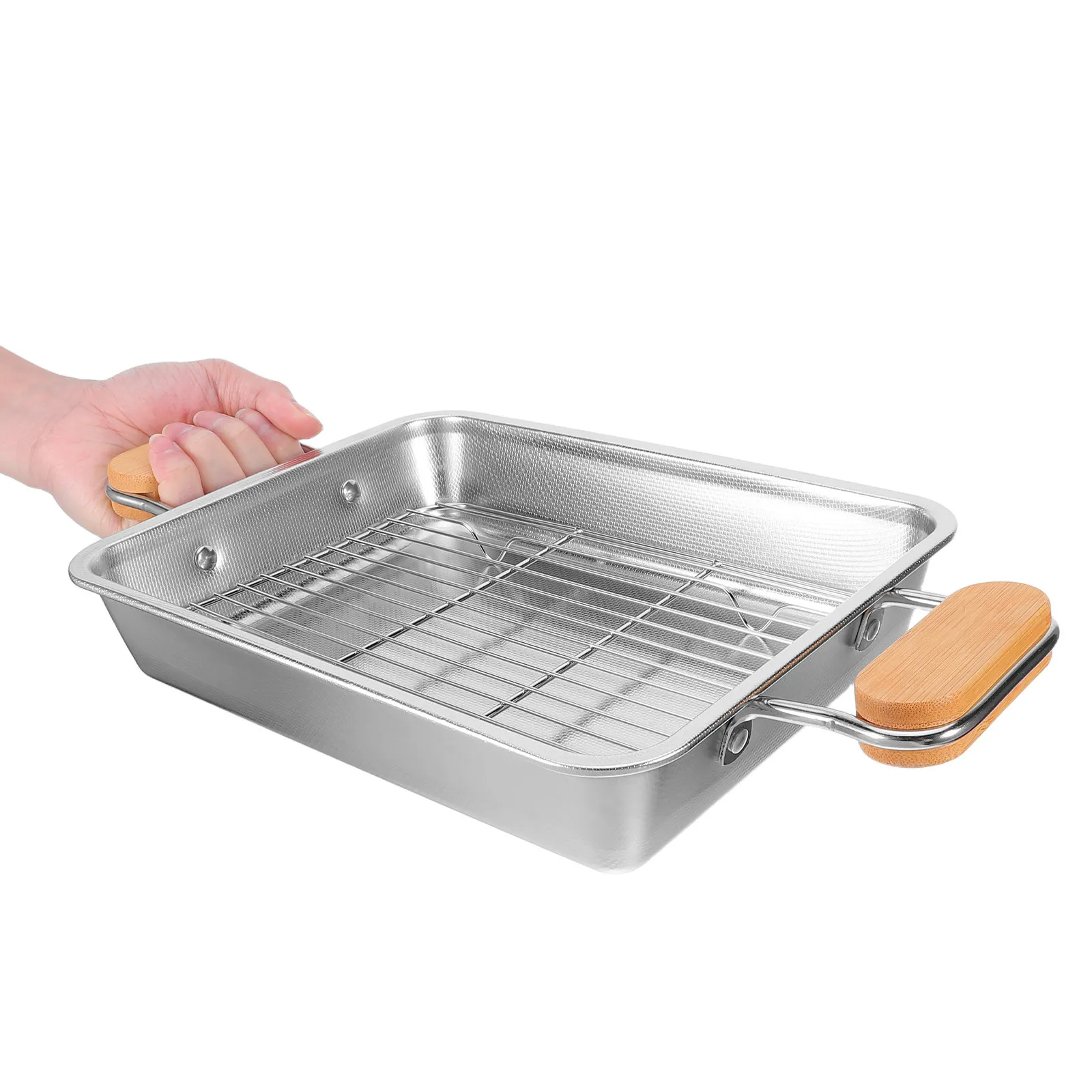 1Set Stainless Steel Rectangular Baking Tray with Mesh Rack 27x21x5cm Flat Bottom Grill Pan for Roasting Frying Baking Oil Drain