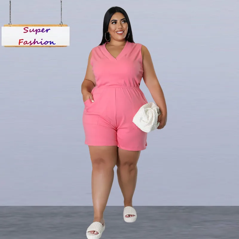 Jumpsuit Ukuran Plus XL-4XL Pakaian Wanita Musim Panas 2022 Romper Wanita Tanpa Lengan Leher V Kasual Mode Dropshipping Grosir