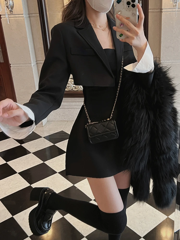 Conjunto de vestido coreano de duas peças para mulheres, blazer casual, conjunto de vestido com casaco e alça, slim fit, vintage e elegante, preto e