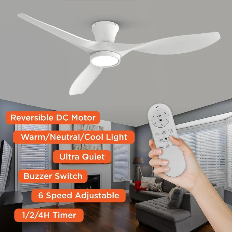 TALOYA 52inch Ceiling Fans with Lights Remote Control, Modern Low Profile Ceiling Fan with Quiet Reversible DC Motor for Bedroom