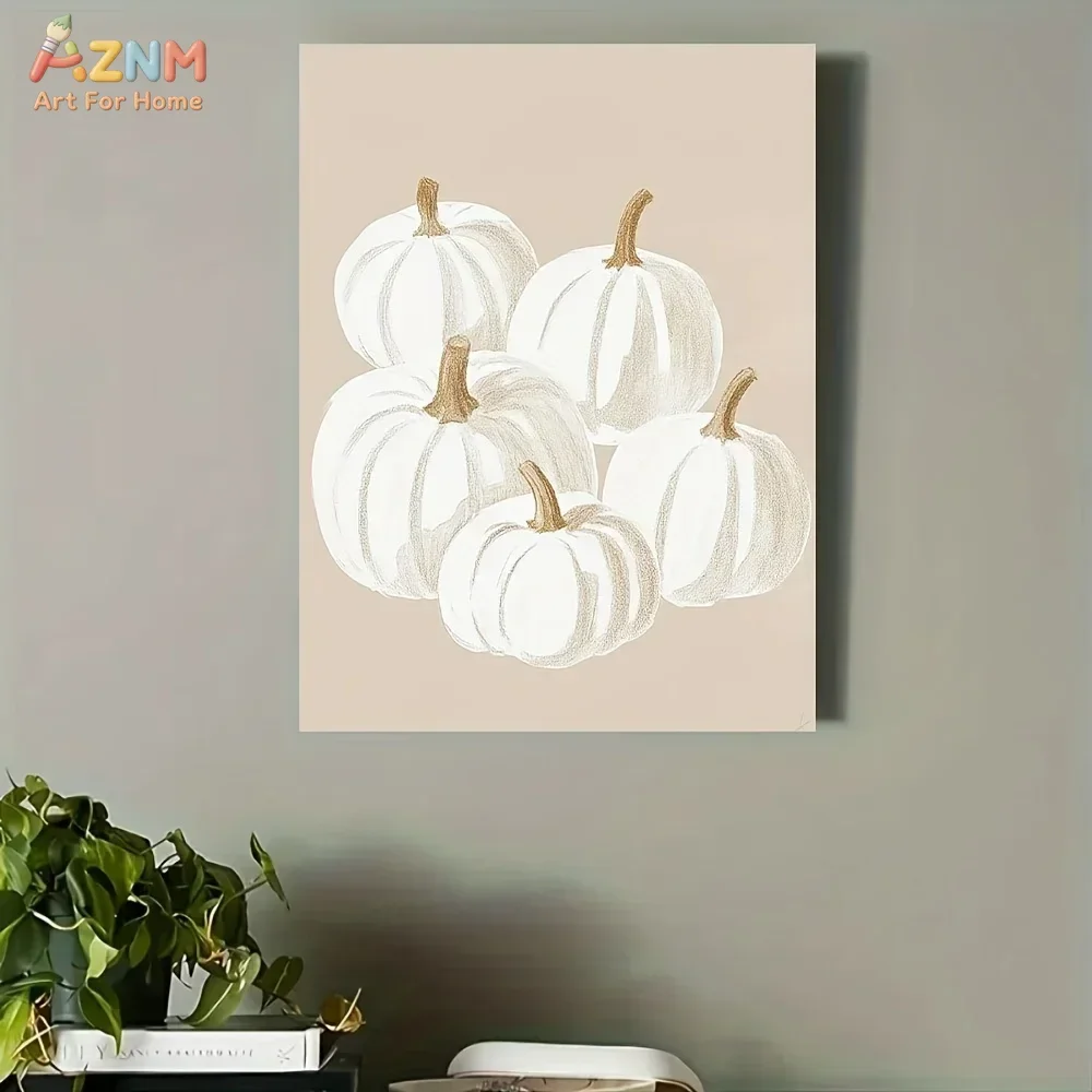 AZNM Neutral White Pumpkin Canvas Wall Art, Minimalist Fall Autumn Sketch Print, Beige Background Harvest Poster for Farmhouse H