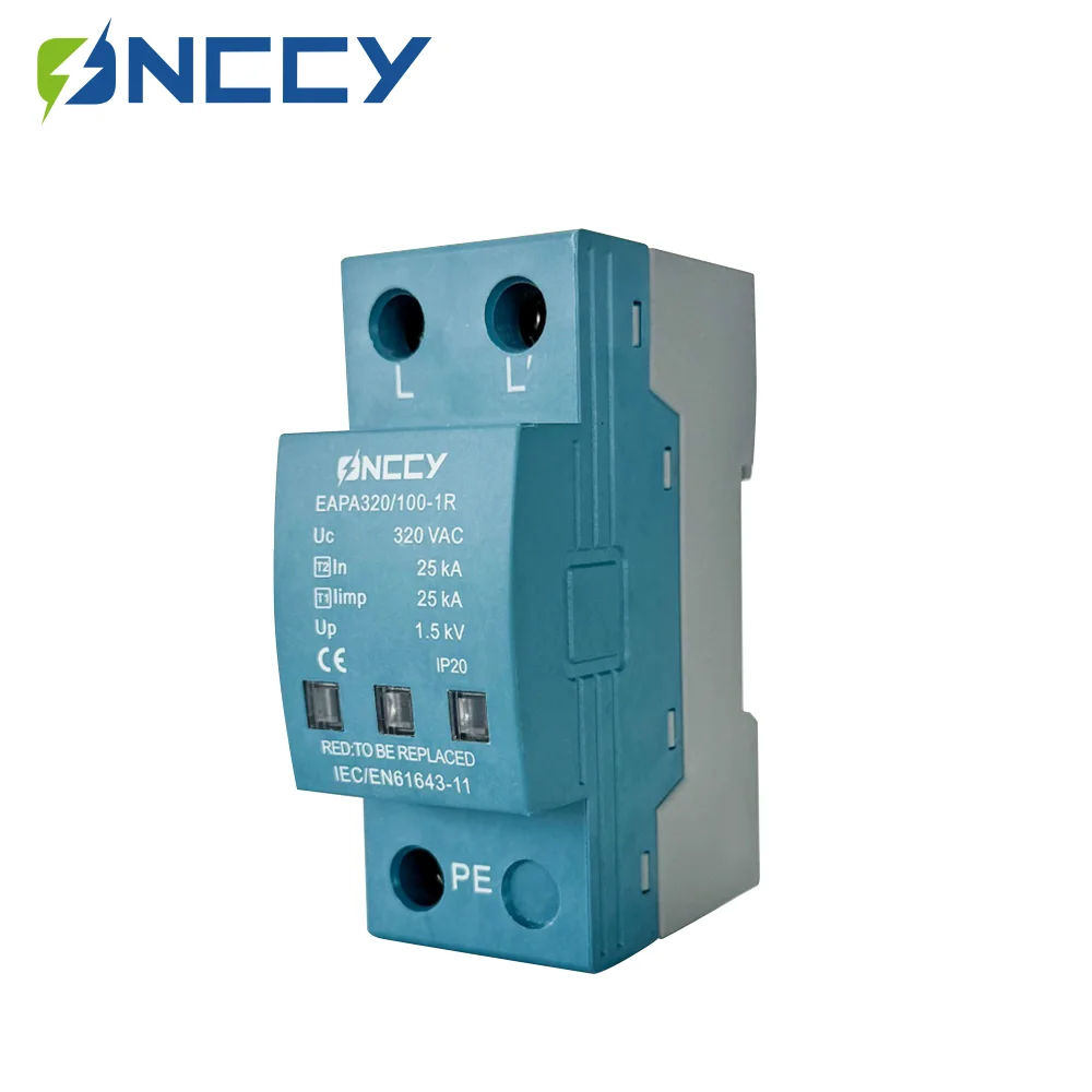 ONCCY 1P Surge Protector 100KA, Surge Arrester T1+T2, Surge Protector AC SPD 220V 230V 320V 385V 440V,Din Rail Installation