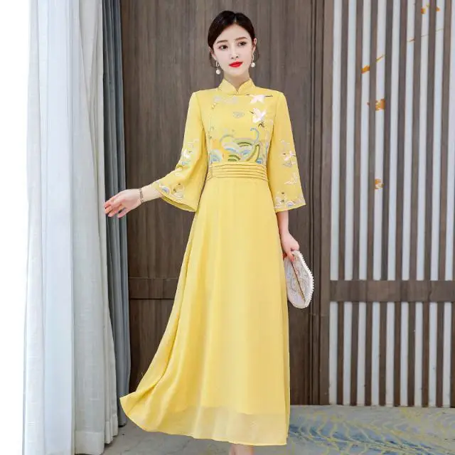 Yourqipao Mother's Clothing Chinese Cheongsam Dress Women Stand Collar Dance Peformance Dresses Long Qipao Catwalk Evening Gown