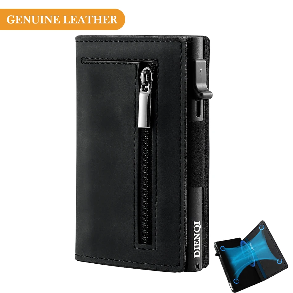 Portfel RFID z prawdziwej skóry bydlęcej, magnetyczny, skórzany, wysuwany, na karty kredytowe i bankowe, czarny, inteligentny portfel męski.