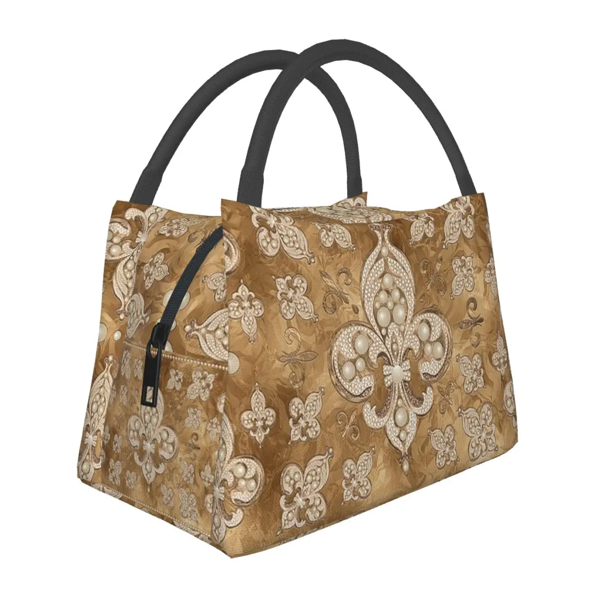 Fleur-de-lis Luxury Pearl And Gold Insulated Lunch Bag for School Bento Storage Food Boxes Leakproof Cooler Thermal Lunch Box