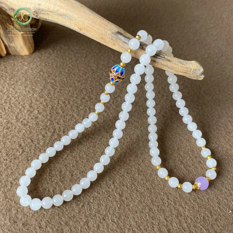 Hetian white jade mountain material hanging chain multi-circle jade bracelet women's 6mm cloisonne silver jewelry can be customi