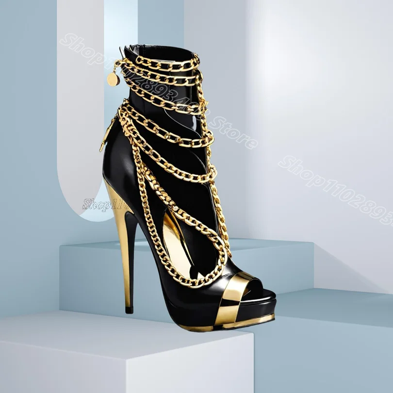 

Black Chain Decor Platform Boots Patent Leather Back Zipper New Fashion Women Party Sexy Sandal Boots 2025 Zapatos Para Mujere