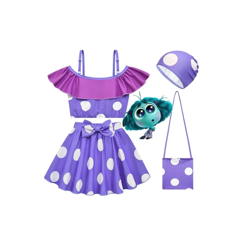 

Новый купальник Inside Out 2, 3 шт., разделенный стиль, быстросохнущая юбка с разрезом для маленьких и средних девочек, купальник для косплея, пышный купальник с короткими рукавами
