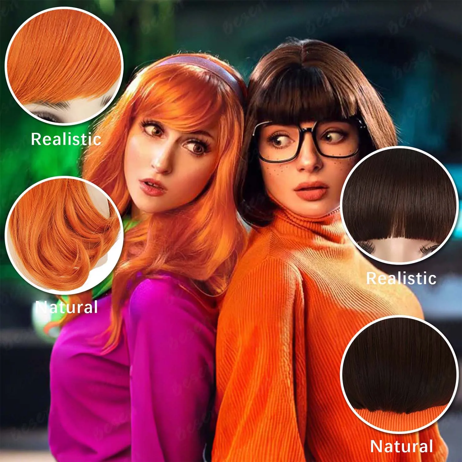 باروكة صناعية طويلة مموجة برتقالية + عصابة رأس أرجوانية، باروكة دافني، شعر مستعار بني مع غرة + نظارات + باروكات فيلما عدسة مكبرة لجميع القديسين #5