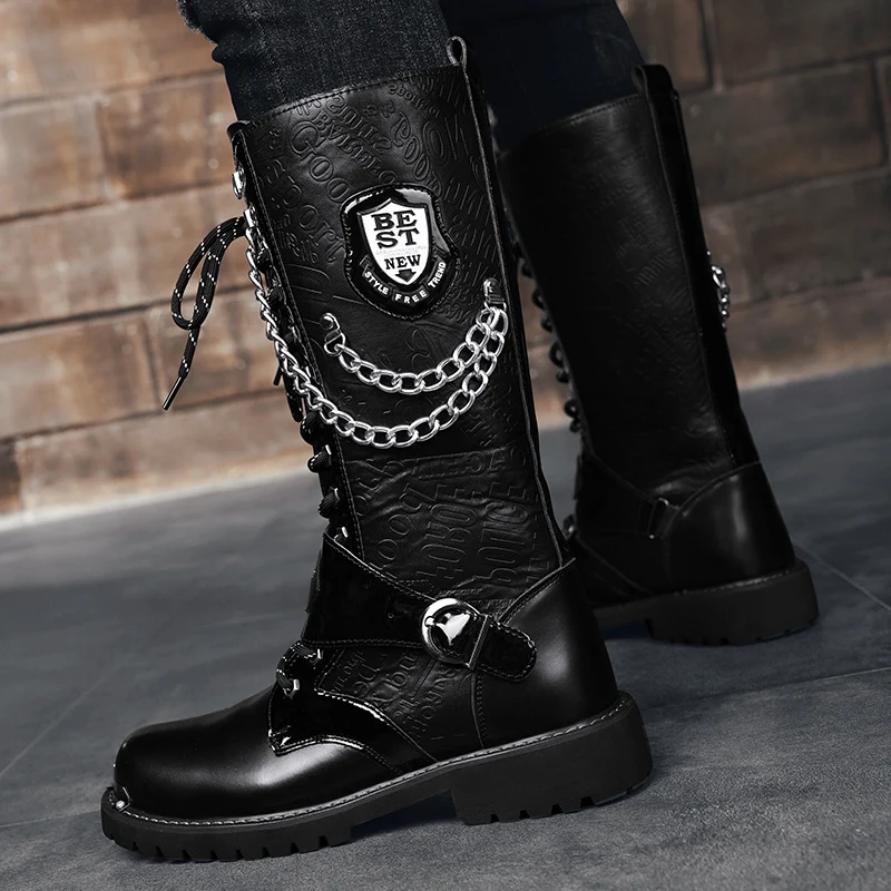 New 2023 Men Leather Motorcycle Boots Fashion Mid-Calf Punk Rock High Top Casual Boots Men Shoes Military Riding Boots Black