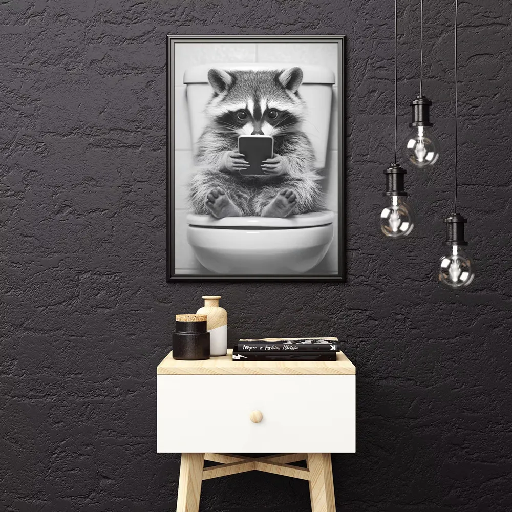 Cute Raccoon in the Toilet Funny Animal Bathroom Posters Prints Canvas Painting Black White Wall Art Pictures Shower Home Decor