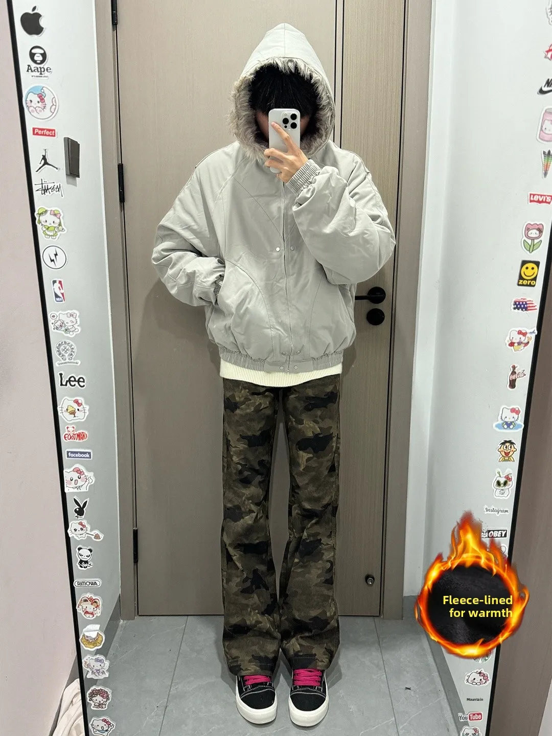 American Style Fleece Lined Camouflage Work Trousers Men's Winter Jeans Boys Leg Lengthening Cleanfit High Waist Micro Flared...