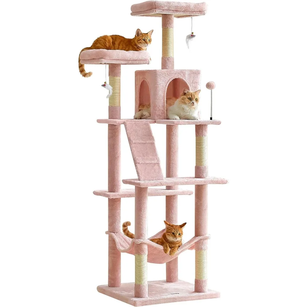 

70.1-Inch Pink Large Cat Tree, Multi-Level Tall Cat Tower for Indoor Cats, Plush Cat Condo with Big Padded Perches