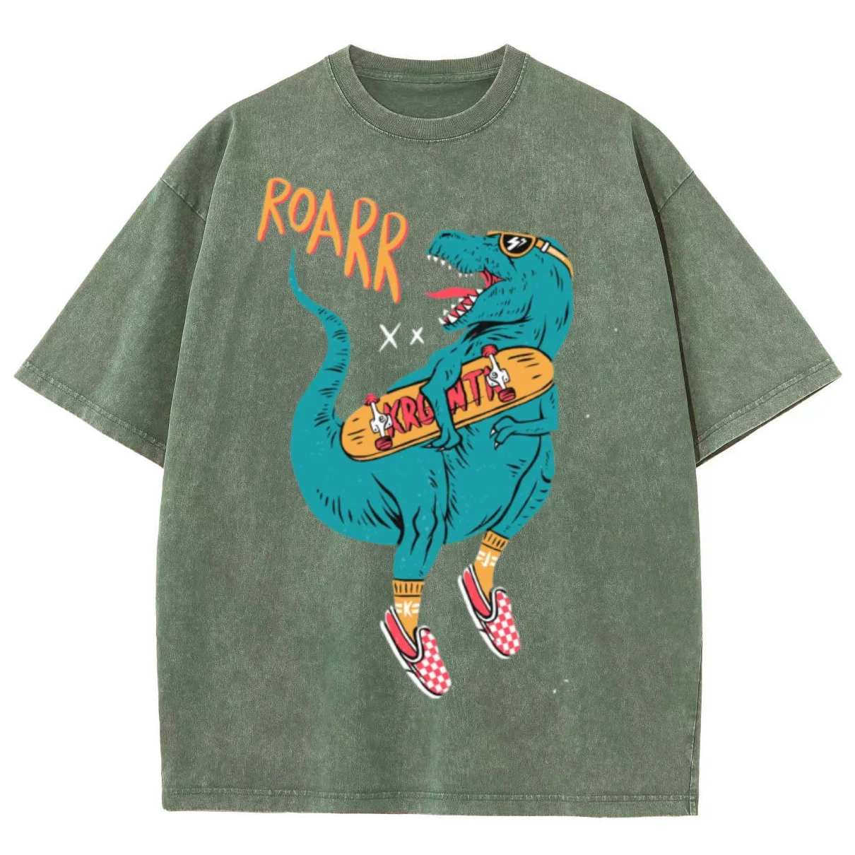 Cartoon Skateboard Dinosaur Print T-Shirt Retro And Old Washed Denim Loose Shoulder Round Neck Fashion Trend Short Sleeve