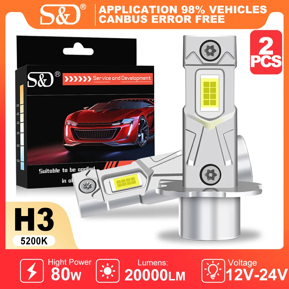 

S&D H3 LED-лампа для фар CANBUS 20000LM 80W, противотуманная фара 5200K 12V, светодиодные лампы для автомобиля, ходовые огни, Plug&Play