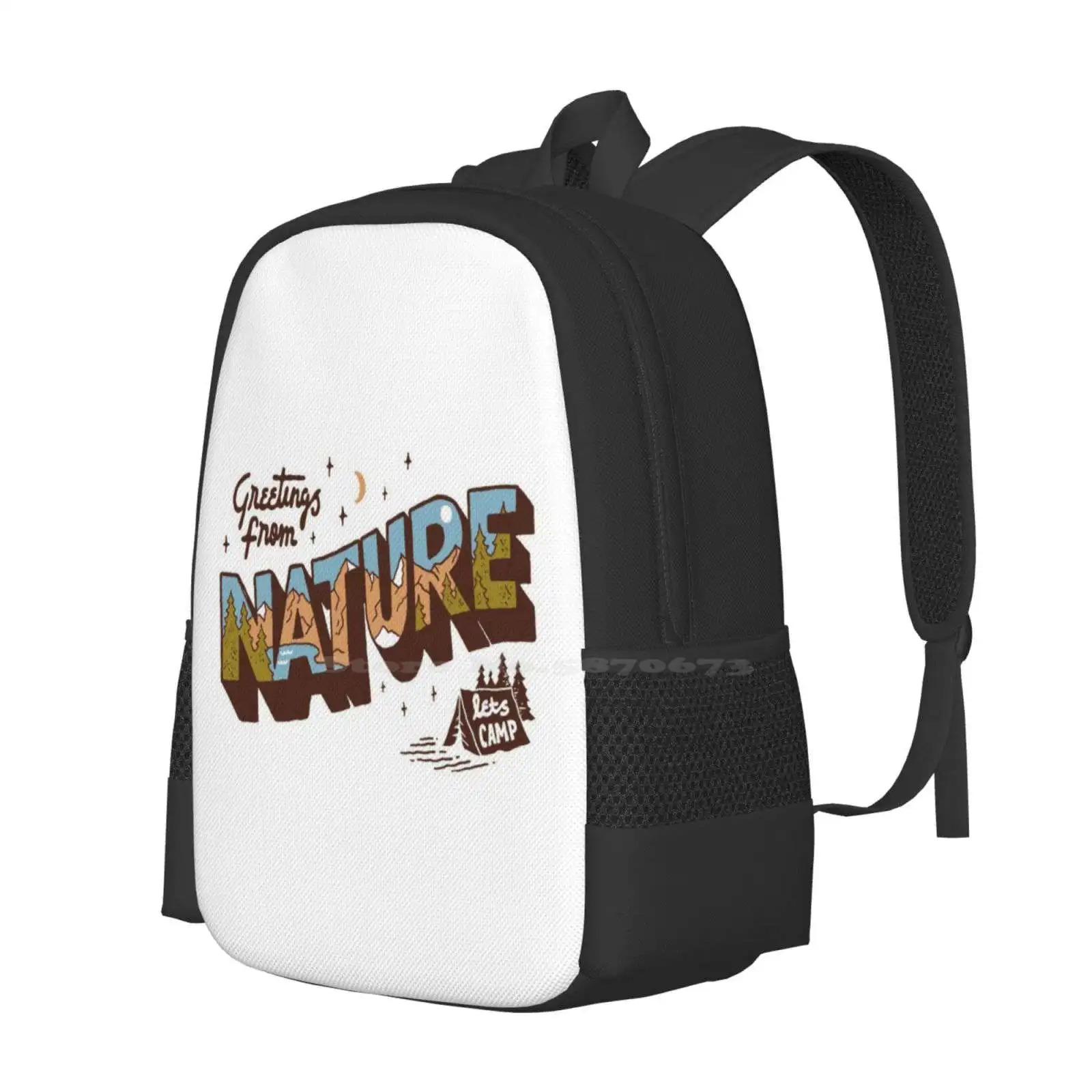 Nature Greetings Fashion Pattern Design Travel Laptop School Backpack Bag Nature Outdoor Typography Lettering Camp Mountains