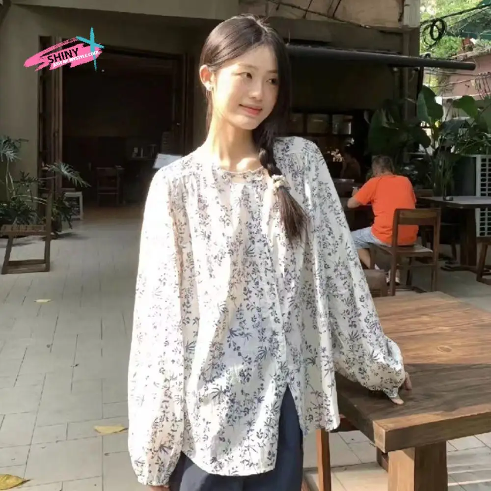 

Fashion Sweet Puff Sleeve Blouse Loose Ins Flower Shirt Top Retro Casual Floral Blouse Spring Summer