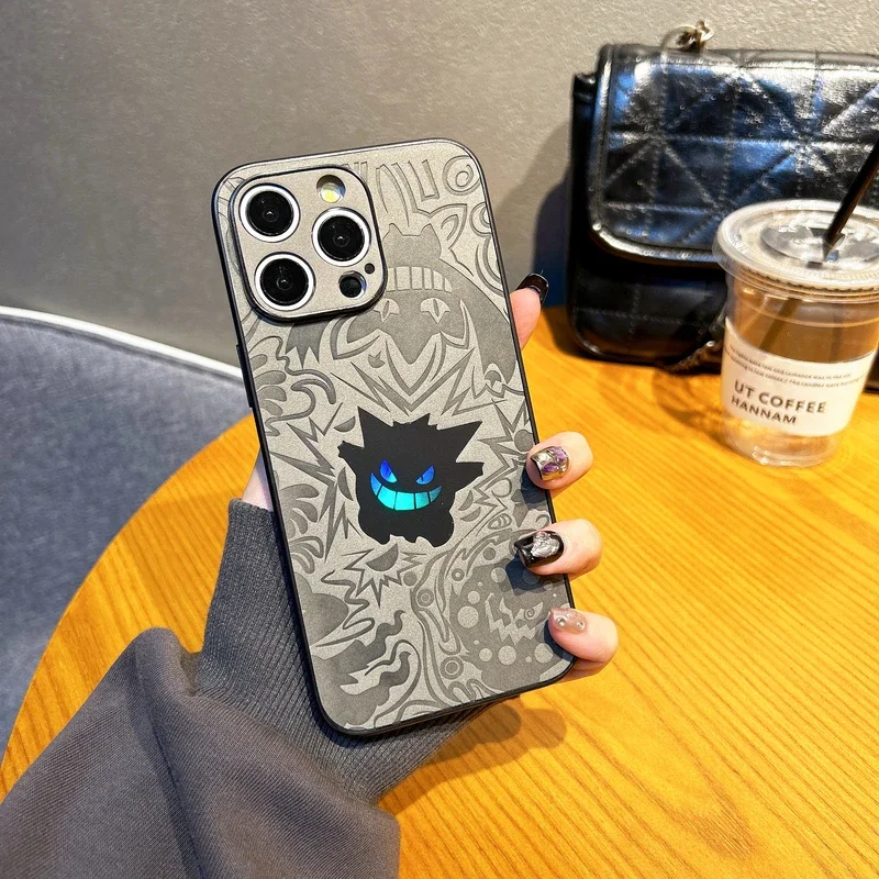 Japan Anime Pocket Monsters Pokémon Gengar Leather Laser Phone Case For iPhone 15 14 13 12 11 Pro Max Shockproof Hard Cover