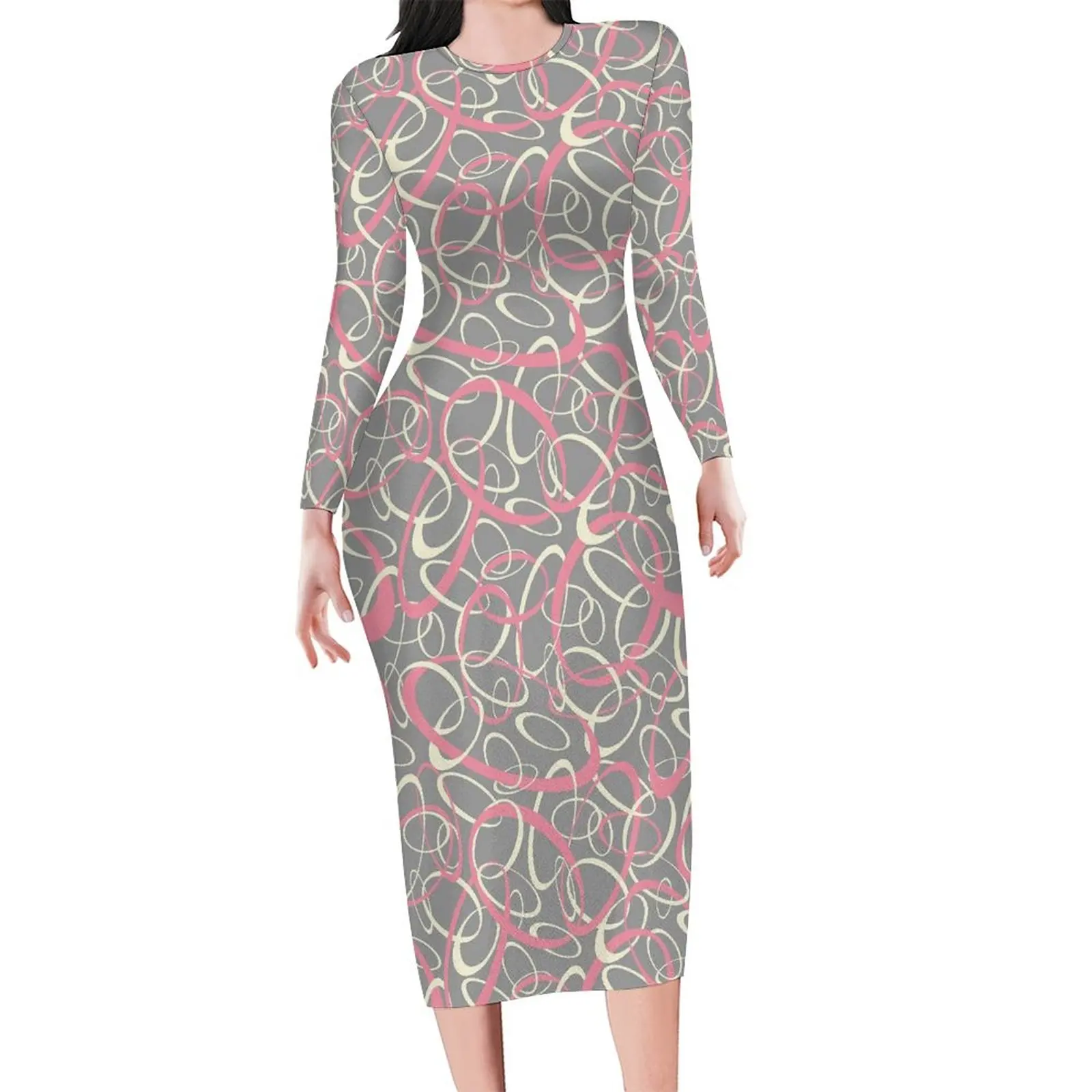 Retro Mod Dress Long Sleeve Pink Gray Geometric Korean Fashion Dresses Spring Club Bodycon Dress Women Design Big Size Vestido