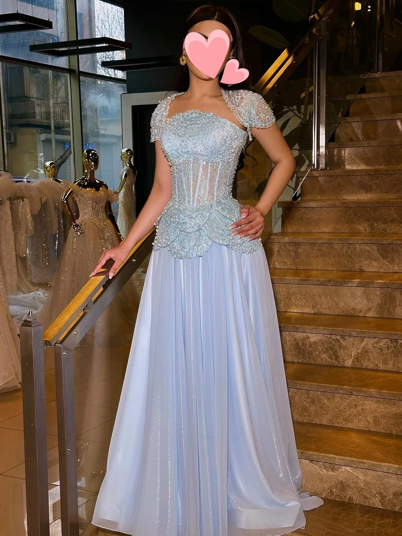 

Aenyrst Elegant Vintage Sweet Sky-Blue Prom Dresses Pearls Lace A-Line Shiny Customize Formal Occasion Evening Party Dresses