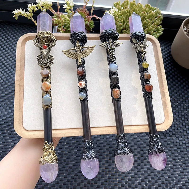 Witch Magic Quartz Crystal Stick Gift Amethyst Column Agate Resin Spells Wizard Wand Cosplay Halloween Scepter Intuition Wisdom