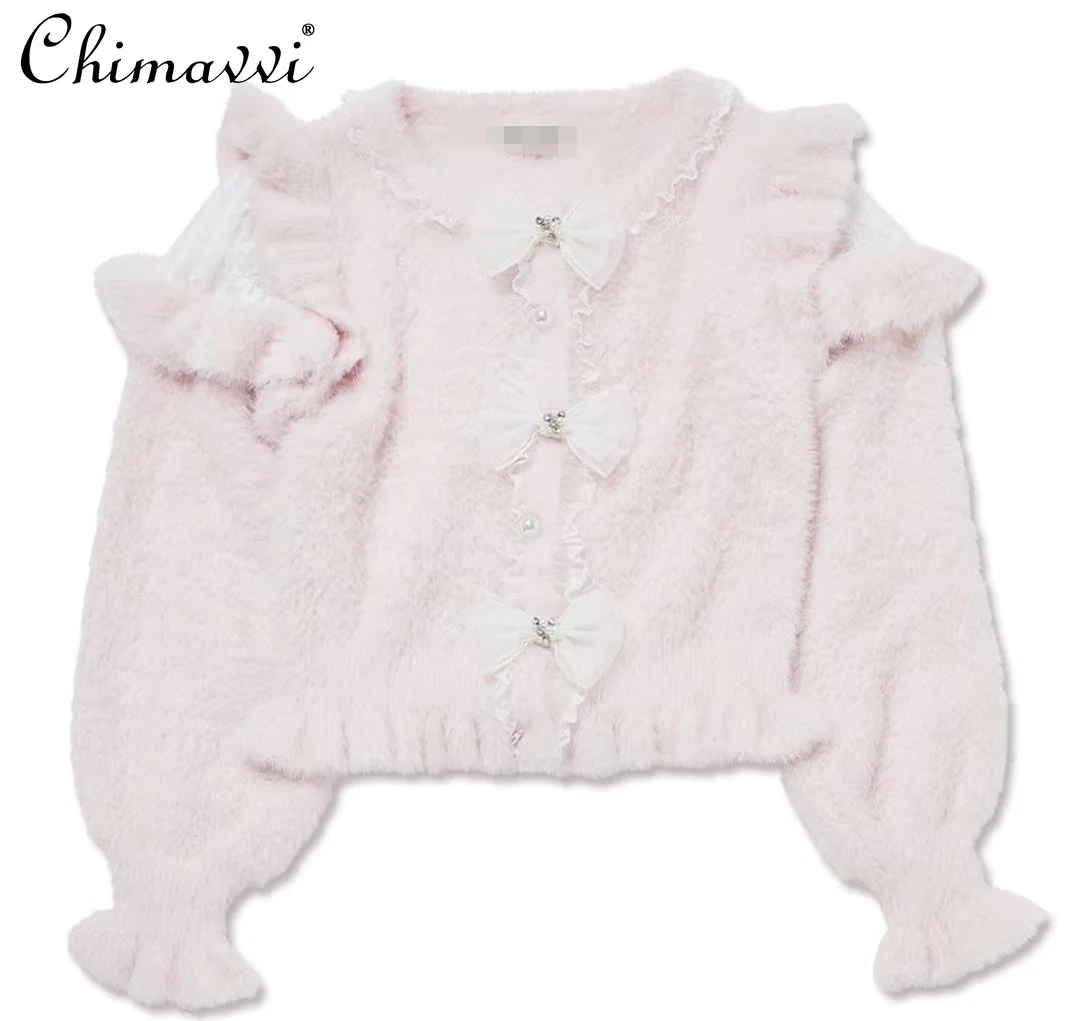 Japanese Style Girls Three Bowknot Cute Knitted Sweater Lolita Sweet Women's Slim Mohair Pullovers Sweaters Autumn Winter Tops