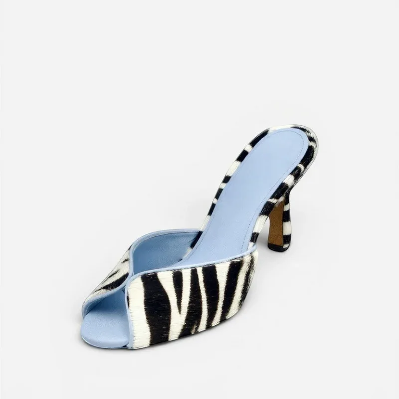 Summer new round headed fish mouth zebra print horsehair exposed toe fine heel dress slippers party high heels women's sandals