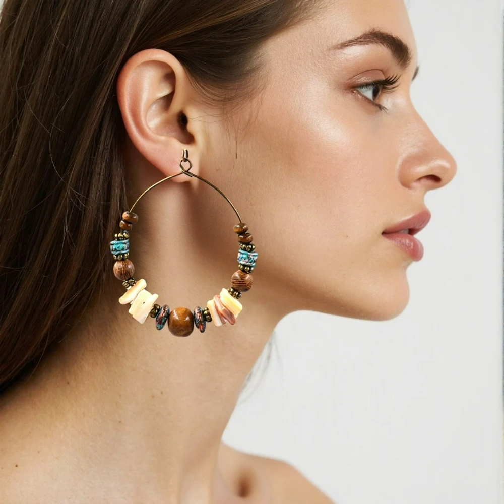 2025 New Bohemia Women Earrings Vintage Gypsy Style Big Bronze Wood Beads Round Drop Fashion Jewelry Trendy Ethnic Accessories