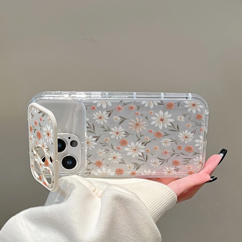 Flip Lens Mirror Phone Case Vintage Daisy Floral Print Clear Transparent Cover For iPhone 17 16 15 14 13 12 11 Pro Max view 4