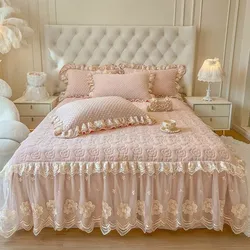 1.5X2m/1.8X2m Velvet Heavy Fluffy Flower Lace Ruffled Sweet Princess Girl Bed skirt,Delicate With 1Bed Skirt 2pillowcases