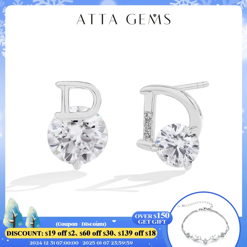 

ATTAGEMS Sparkling Letter D Moissanite Stud Earrings for Women VVS1 4CT 1CT Round Diamond 925 Sterling Silver Wedding Bride Gift