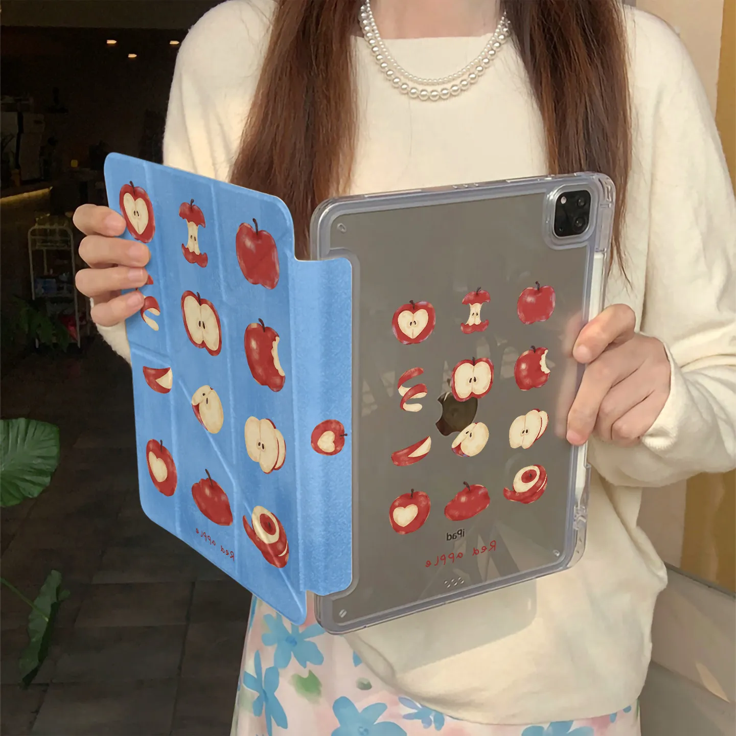 Ins Korean Red Apple Y2K 3Y Fold Tablet Case For iPad Pro 13in 11th M5 M4 12.9in A16 7/8/9/10th Air4/5/6/7 11in M2 M3 Mini Cover
