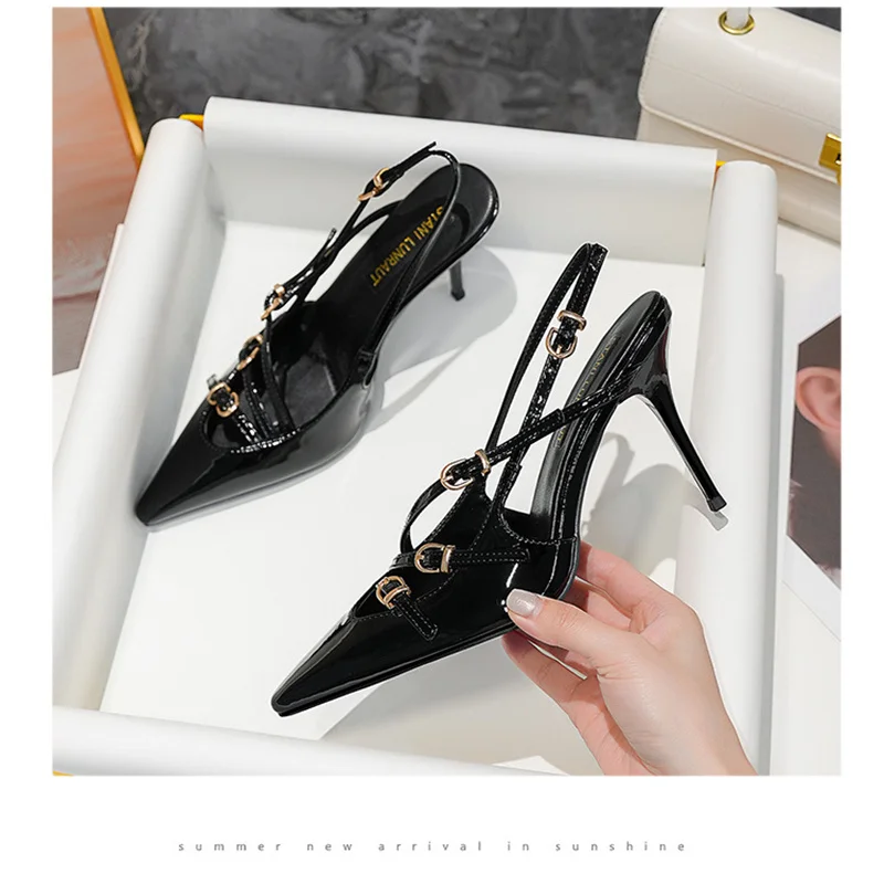 

New Summer Women's High Heels, Toe-cap Patent Leather Buckle Straps, Cat Heel Sandals, Sexy Backless High Heels