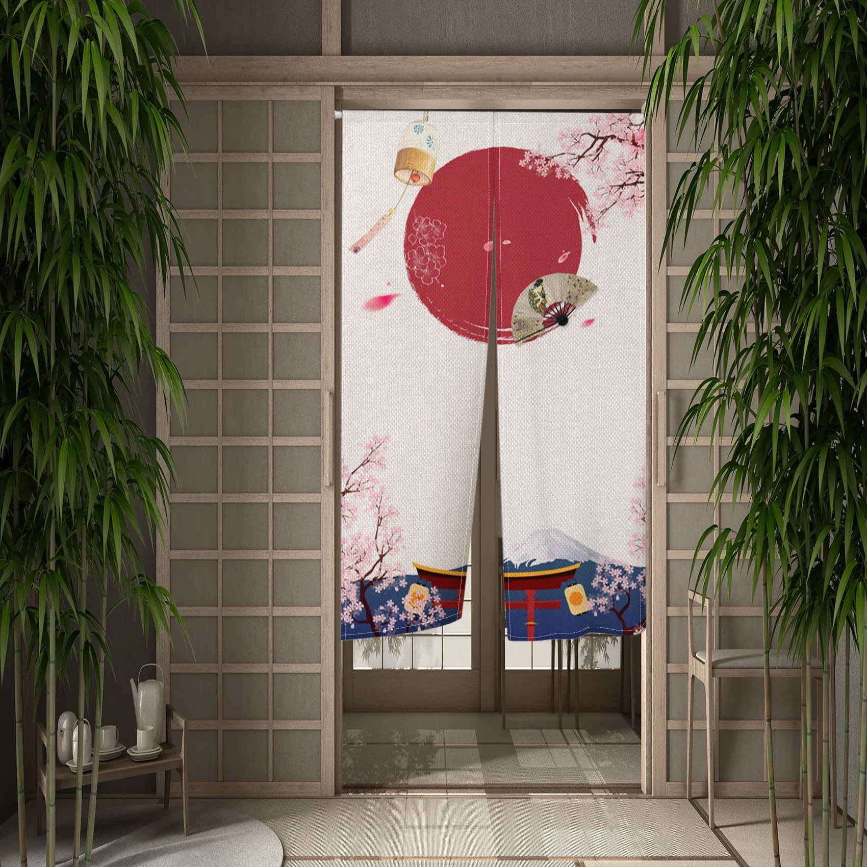 Japanese Door Curtain Cherry Blossom Mount Fuji Lantern Koi Fish Design Home Partition Screen for Bedroom Restaurant  Zen Decor