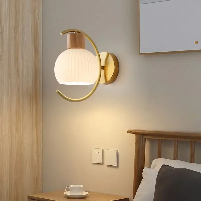 Nordic Wood Wall Lamp White Glass Round Light Modern Home Decor Indoor Bedroom Living Room Headboard Corridor Led Night Lighting