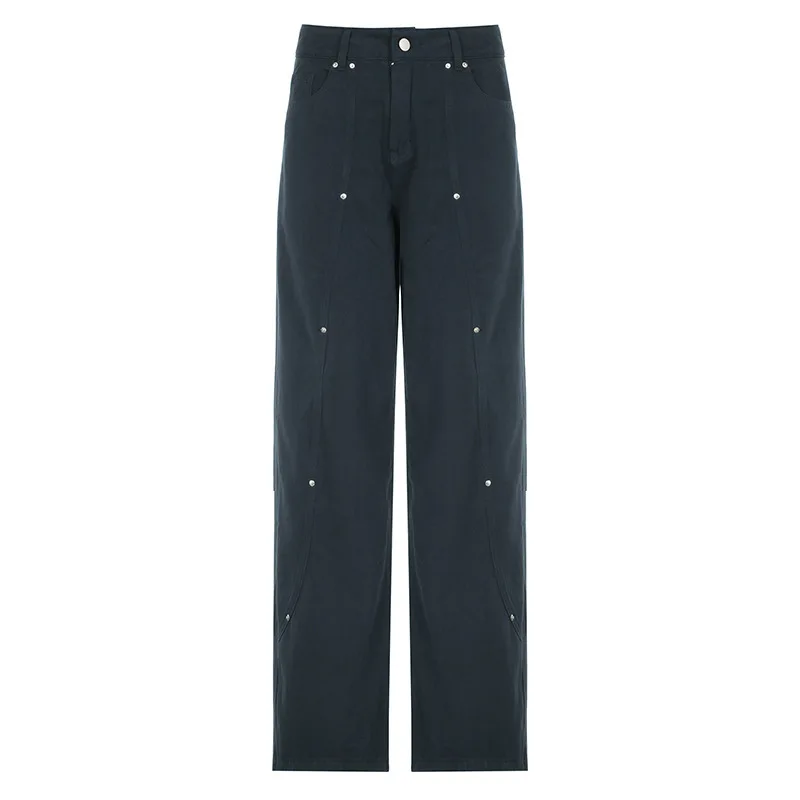 Spicy Girl Street Persönlichkeit Niet Segmentierung Niedrige Taille Jeans Neues Produkt Damen Basic Lose Weites Bein Freizeithosen Sommer