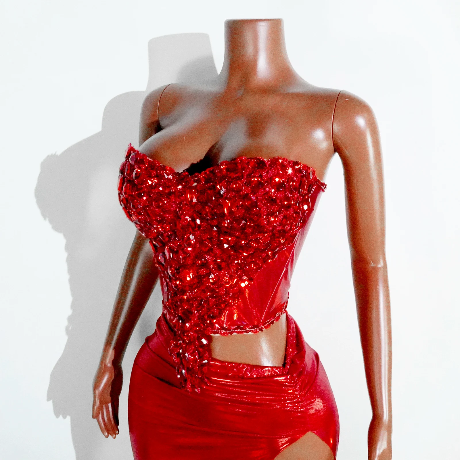 Sparkling Red Rhinestone High Slit 2PCS Long Dress Sequin Christmas Birthday Party Wedding Gown Nightclub Stage Wear Performance