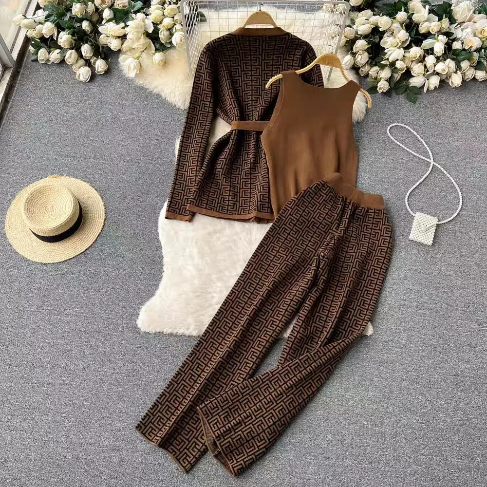 Women\'s Casual Temperament V-neck Waist Tied Knit Cardigan Top Three Piece High Waisted Wide Leg Pants