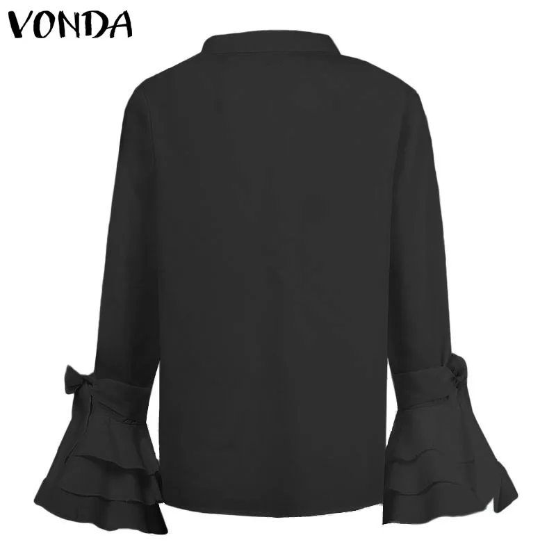 VONDA Lady Lapel Neck Button Women Shirts 2023 Casual Solid Color Top Puff Sleeve Blouse Shirt Autumn Long Sleeve Elegant Office