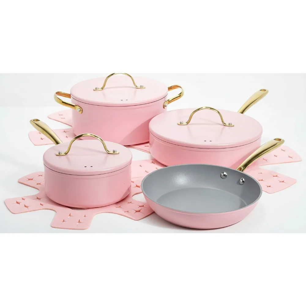 

Premium 10-Piece Pink Nonstick Cookware Set, Multi-Layer Coating, Gold Handles, Dishwasher Safe Kitchen Essentials