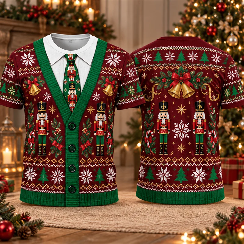 Ugly Christmas Cardigan Look T Shirt Men Short Sleeve 3D Print Gingerbread Snowflake Fake Knit Button Up Graphic Xmas Party Tee