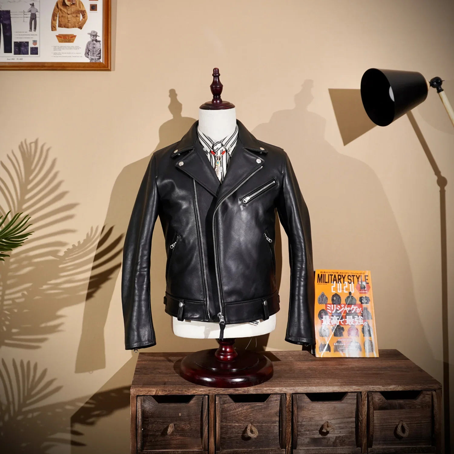 Classic Japanese Retro Motorcycle Cable-stayed First Layer Italian Cowhide Motorcycle Leather Jacket Men's Cropped Jacket Click